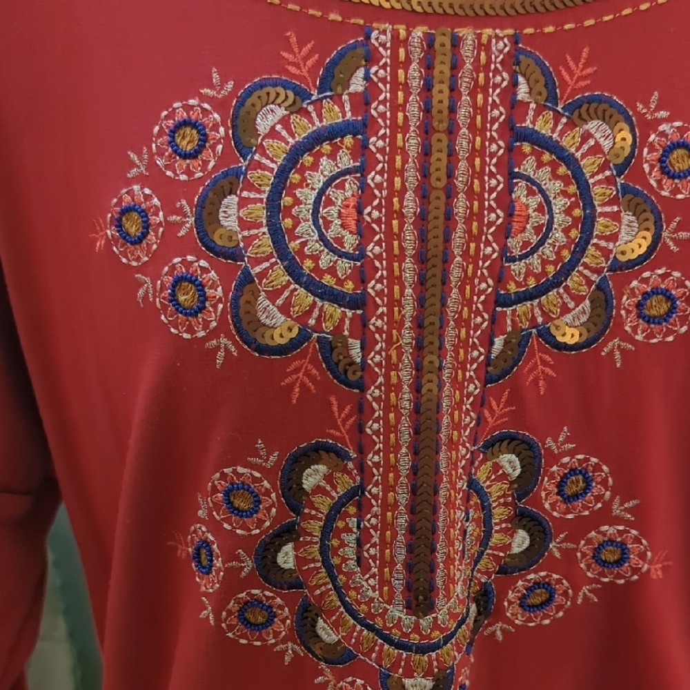 Chico's Rust Red Embroidered Long-Sleeve Tee - Picture 4 of 4